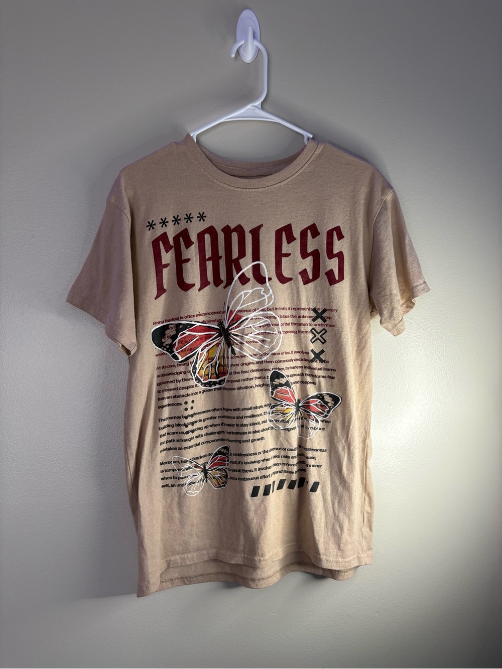 Fearless Graphic Tee - Beige Butterfly Print